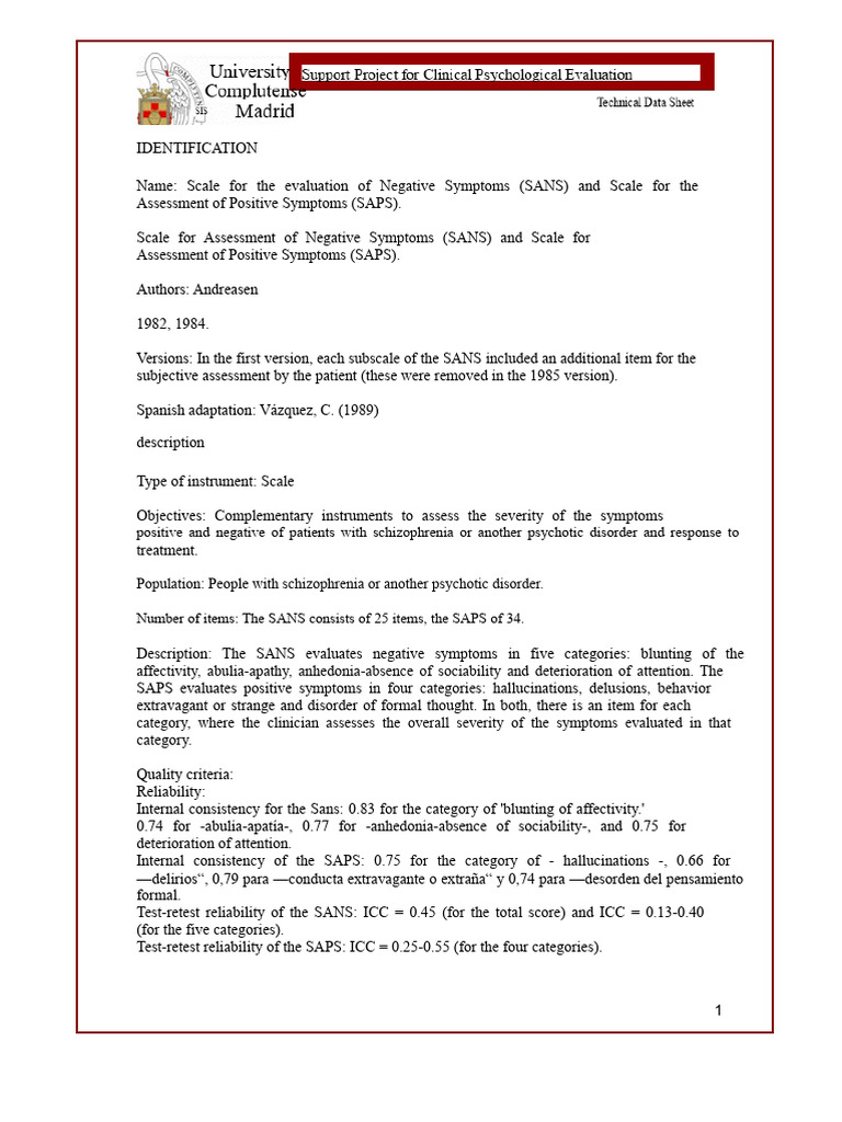 SANS and SAPS - File | PDF | Schizophrenia | Psychosis
