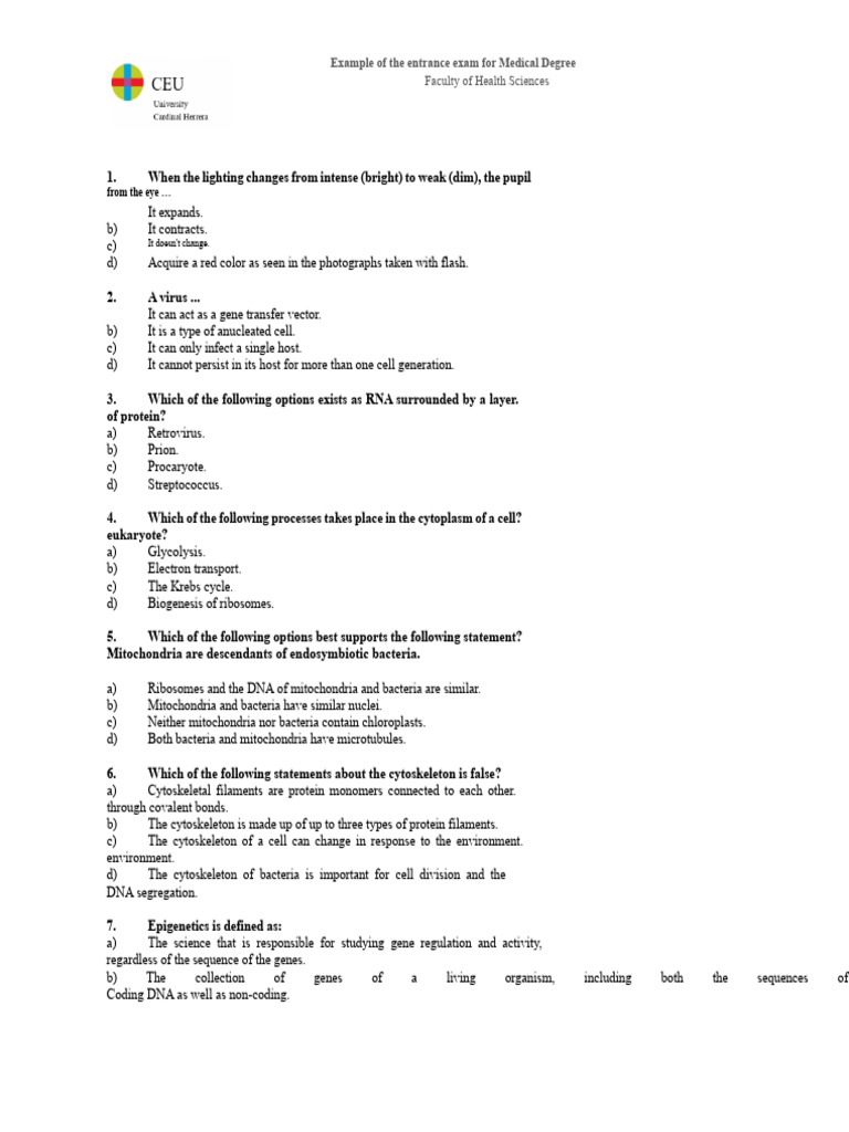 Medical Degree Entrance Exam Sample | PDF | Cell (Biology) | Chemical ...