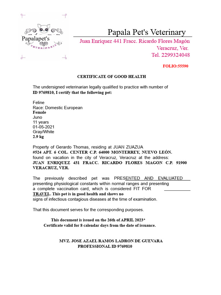 Pet Health Certificate for Travel | PDF | Veterinary Medicine | Health Care