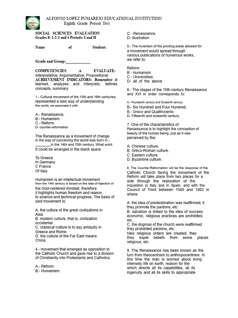 Eighth Grade Social Studies Test | PDF | Renaissance | Humanism