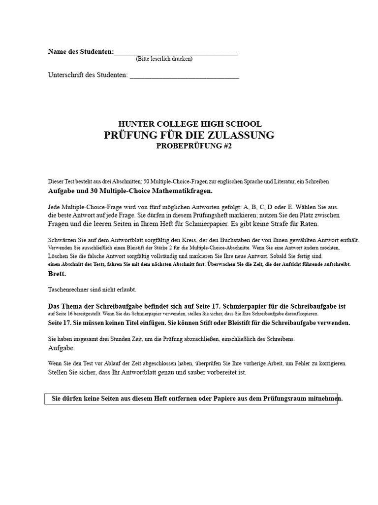 Hunter High School Musterprüfung 2 | PDF