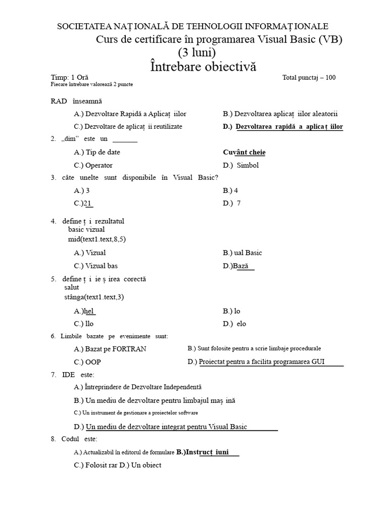 Întrebări Pentru Examenul de Programare Visual Basic Pentru Instituție ...