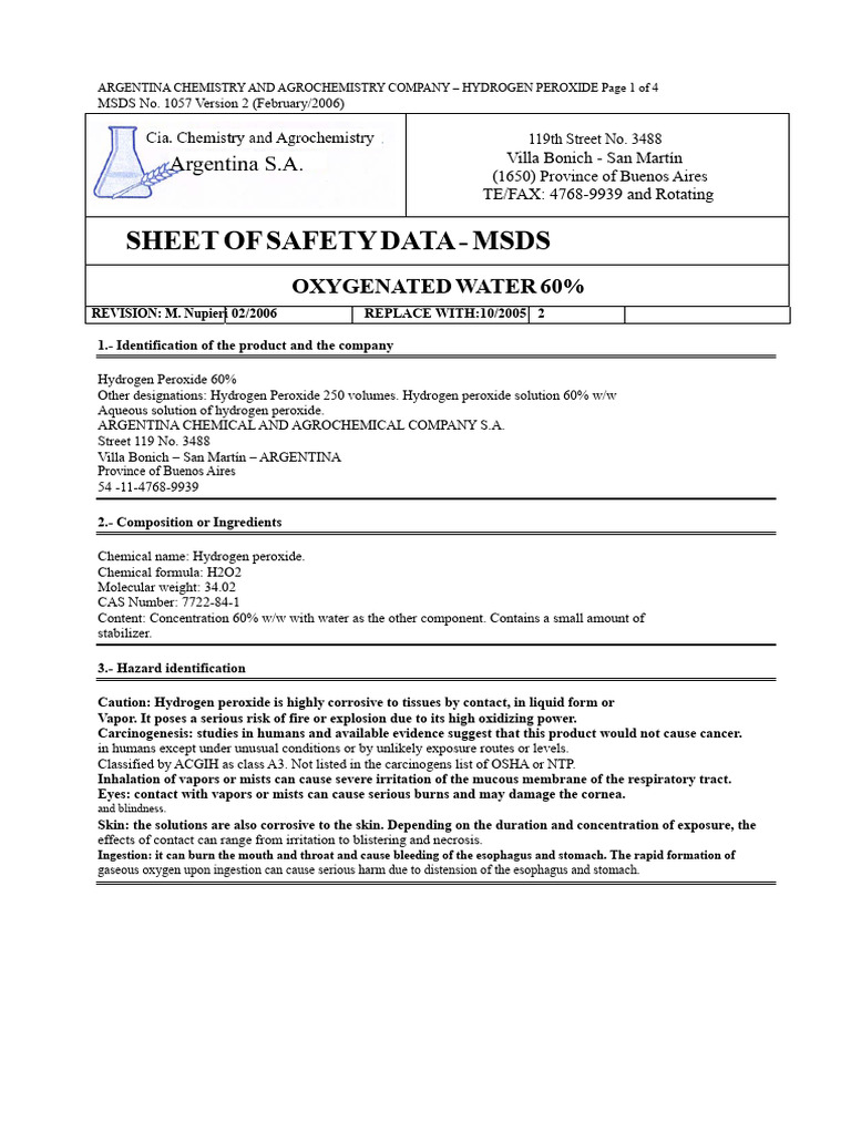 Hydrogen Peroxide 60% MSDS Guide | PDF | Hydrogen Peroxide | Combustion