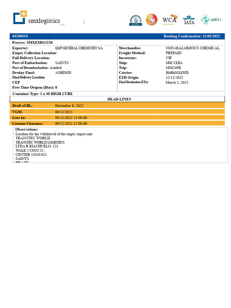 Maritime Export Booking Confirmation | PDF | Cargo | Dangerous Goods