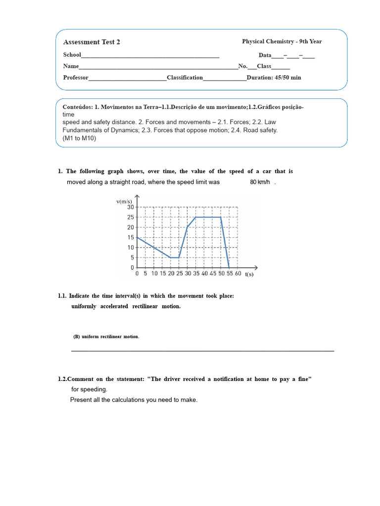 Evaluation Sheet For Physics Chemistry 9th Grade Movements and Forces ...