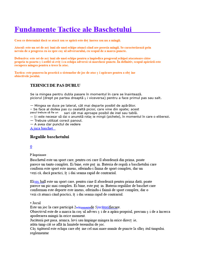 Fundamentele Tactice Ale Baschetului | PDF