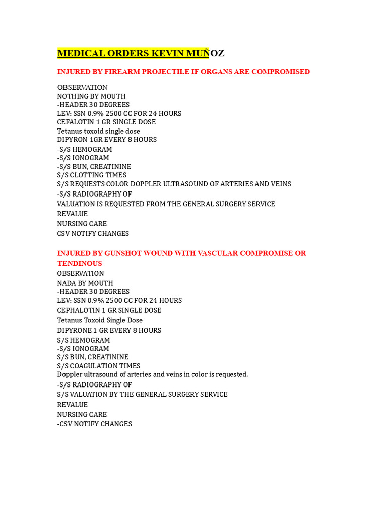Medical Orders for Trauma Management | PDF | Patient | Creatinine