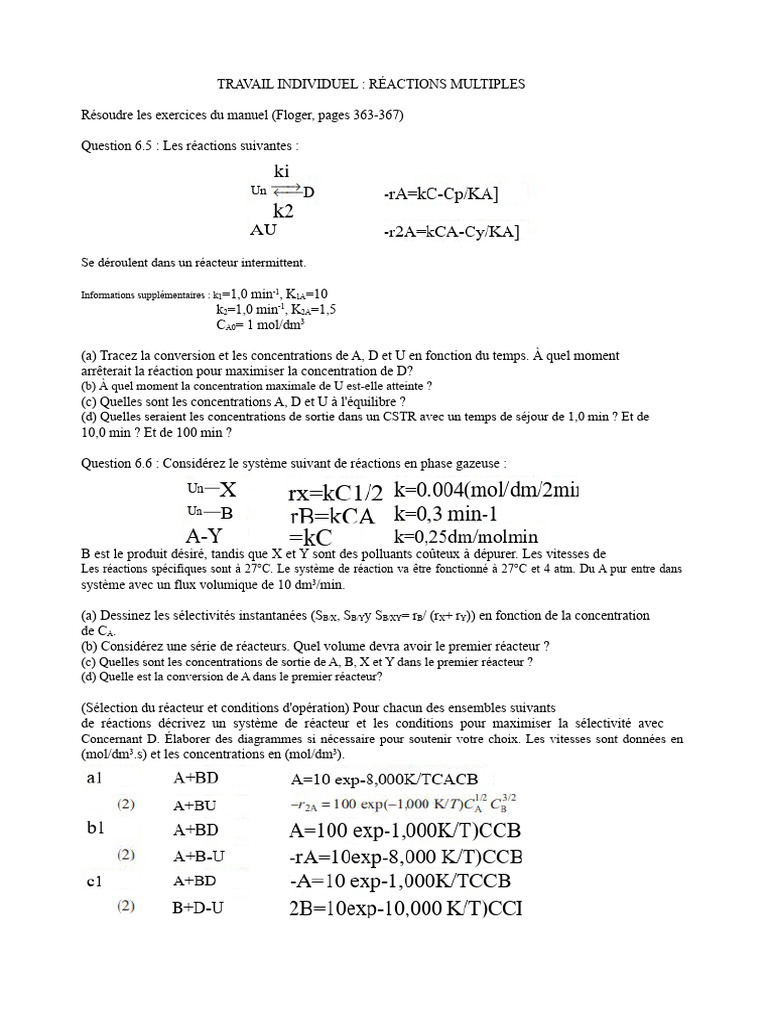 Réactions chimiques : exercices et analyses | PDF | Réacteur (chimie ...