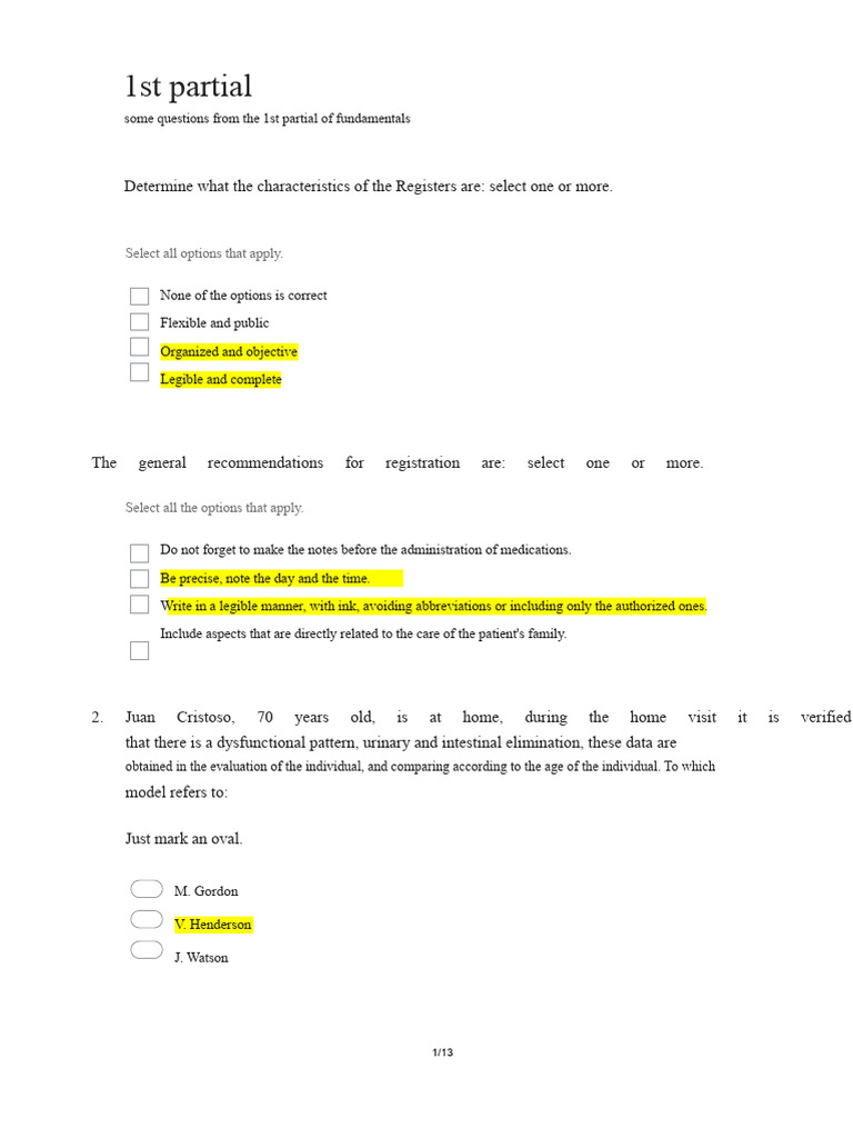 Nursing Fundamentals 1st Partial Exam Questions | PDF | Nursing | System