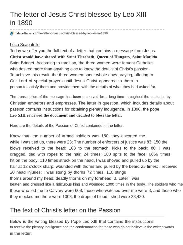The Letter of Jesus Christ Blessed by Leo XIII in 1890 | PDF ...