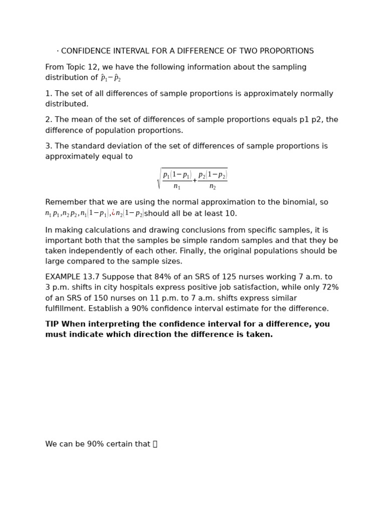 Confidence Interval For A Difference of Two Proportions and Means | PDF ...