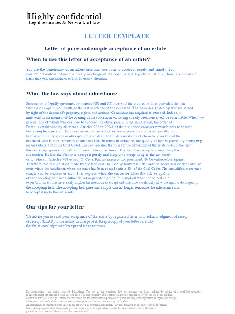Estate Acceptance Letter Template | PDF | Inheritance | Private Law
