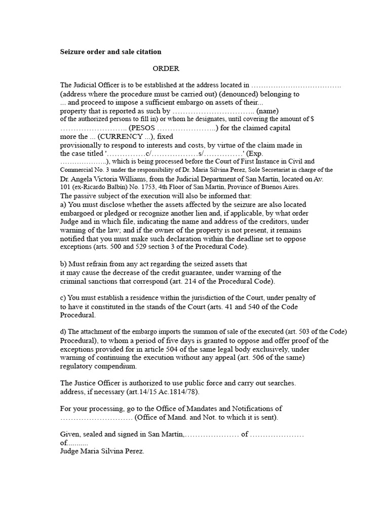 Attachment Order and Sale Citation PDF | PDF | Summons | Justice