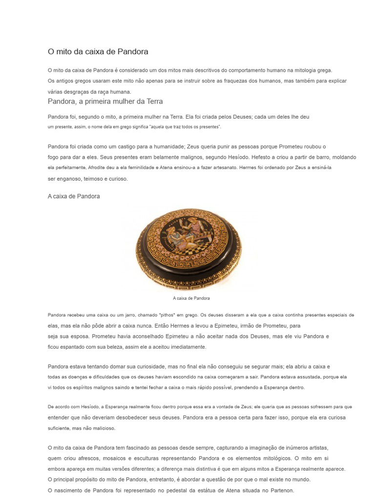 O Mito da Caixa de Pandora | PDF | Mitologia | Religião grega antiga