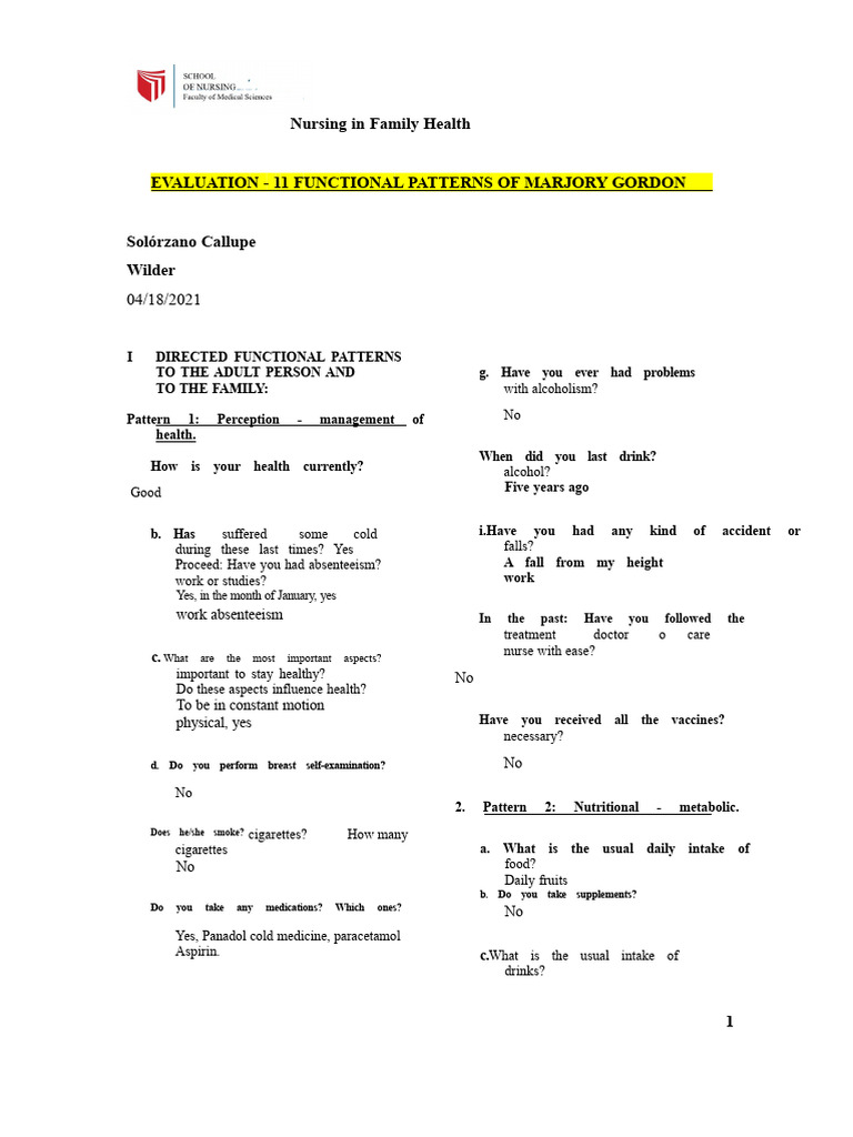 Nursing Functional Patterns Overview | PDF | Menstruation | Sleep