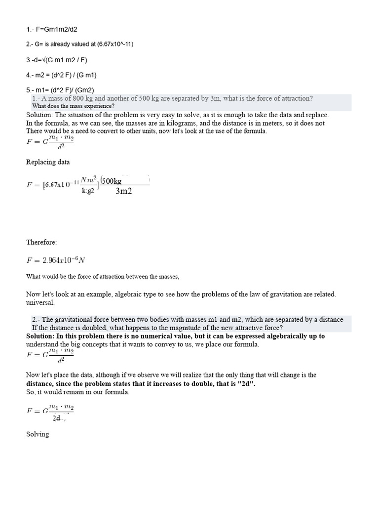 Gravitational Force Problem Solutions | PDF | Force | Mass
