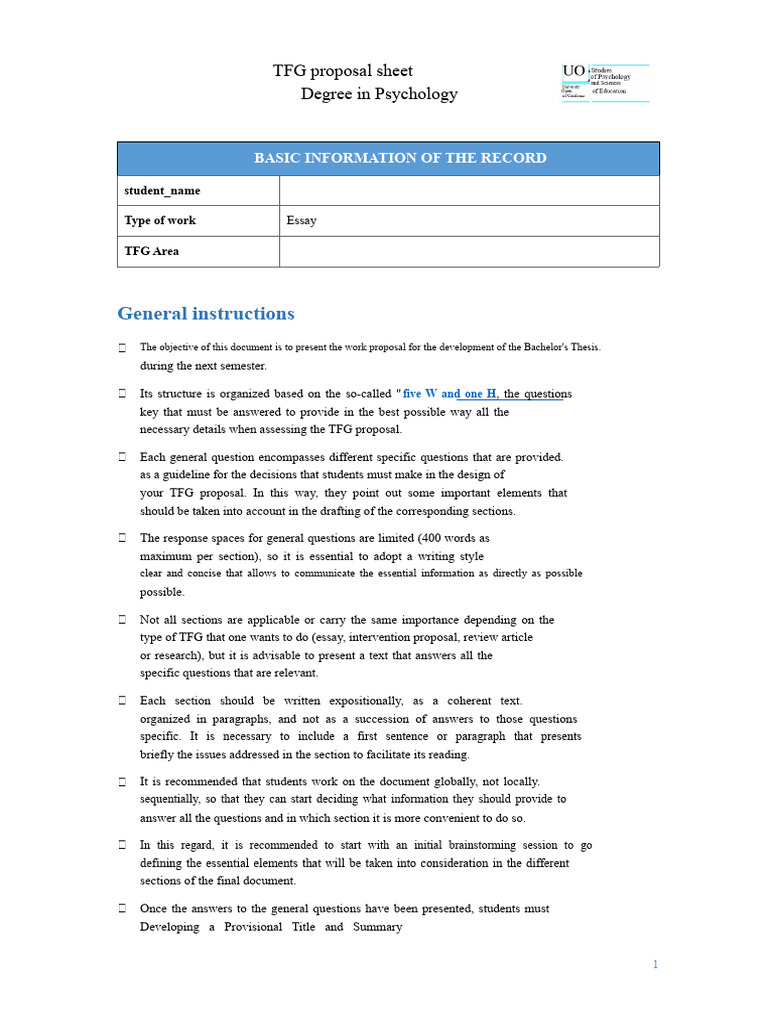 Example.+TFG Proposal Sheet PSYCHOLOGY | PDF | Autism | Fibromyalgia
