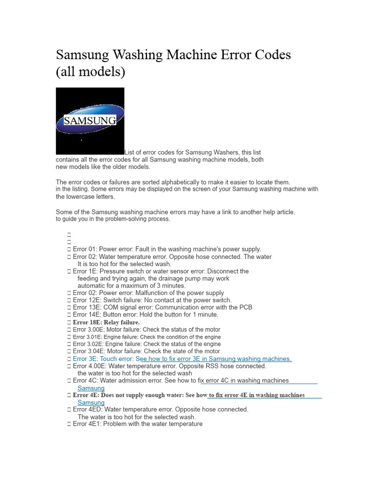Samsung Washer Error Code Guide | PDF | Washing Machine | Switch