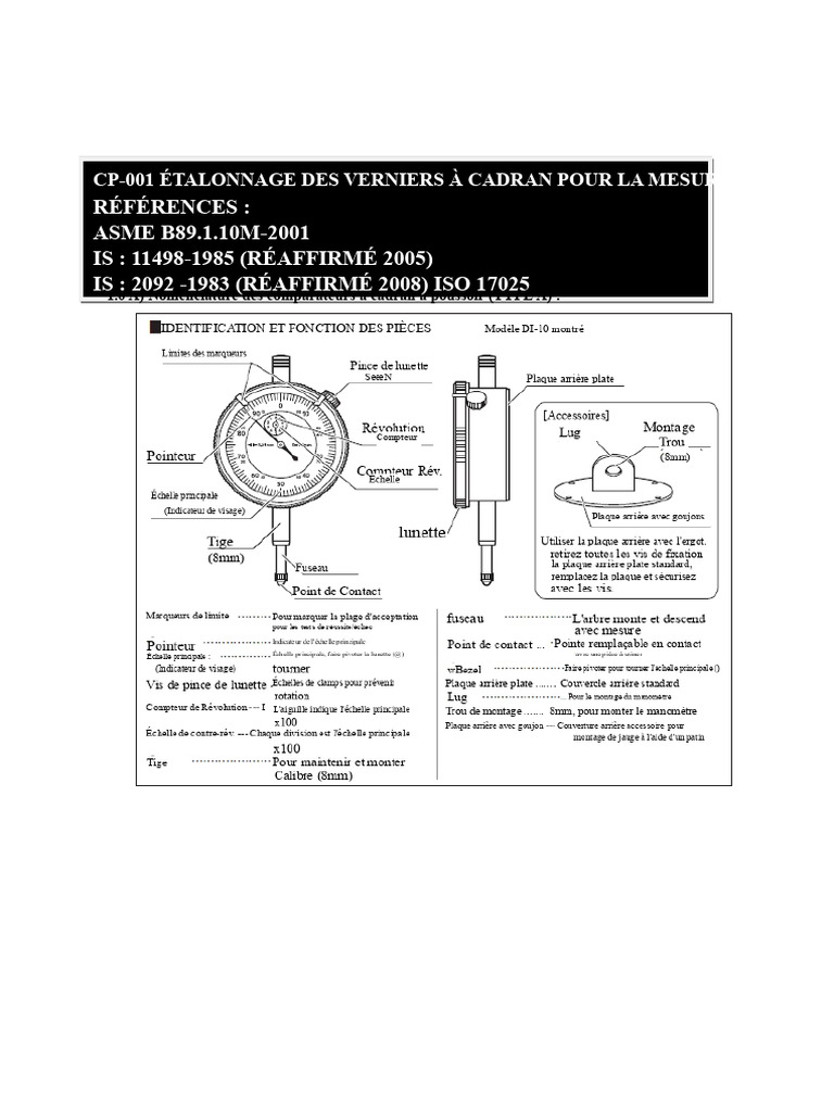 Étalonnage des verniers à cadran PDF Calibrage — free download