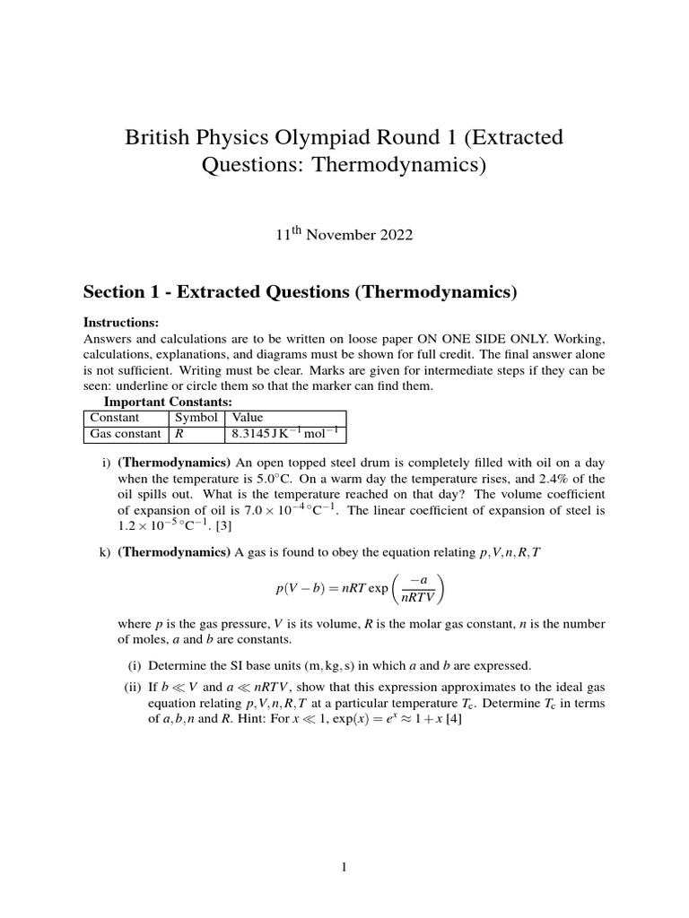 Thermodynamics Questions BPhO 2022 | PDF