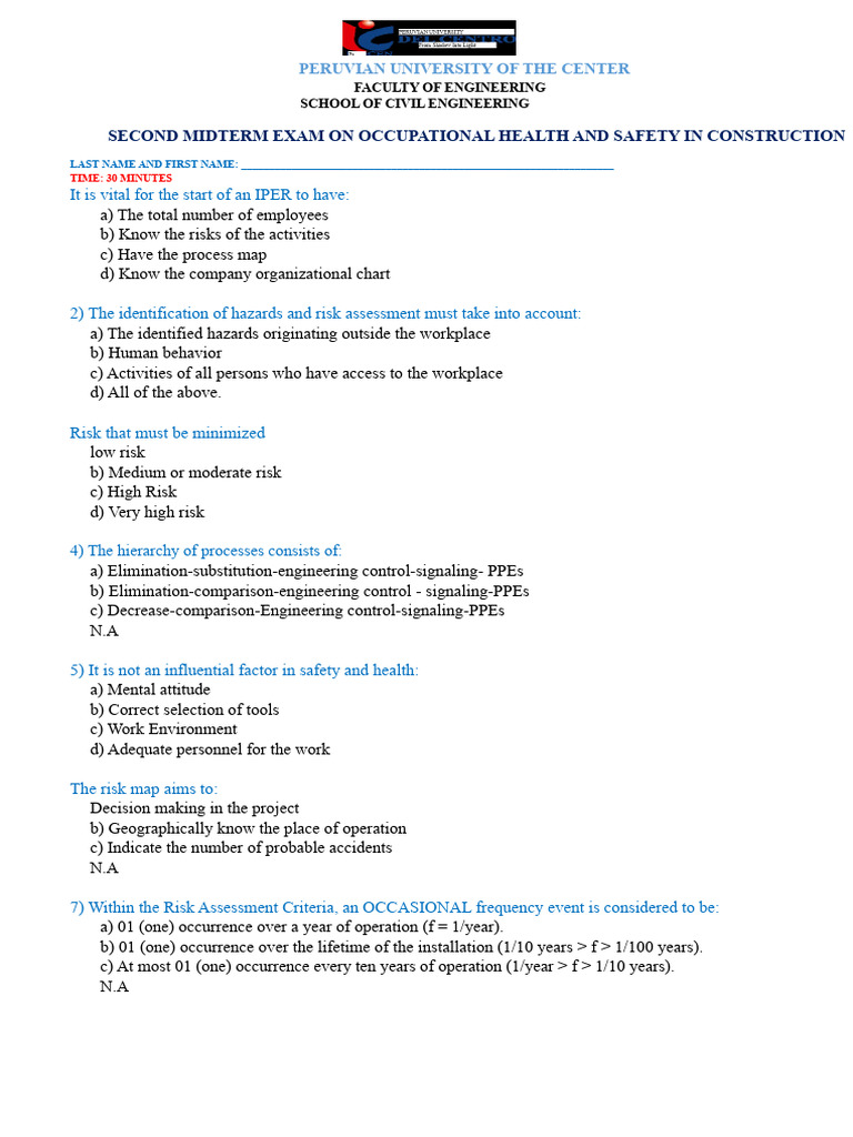 Occupational Safety and Health Exam | PDF | Risk | Occupational Safety ...
