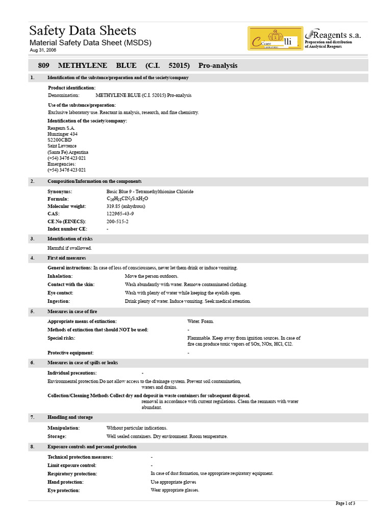 Methylene Blue MSDS for Laboratory Use | PDF | Waste | Water