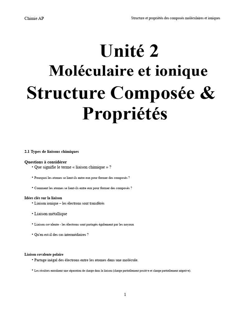Structure et Propriétés des Liaisons Chimiques | PDF | Liaison chimique ...