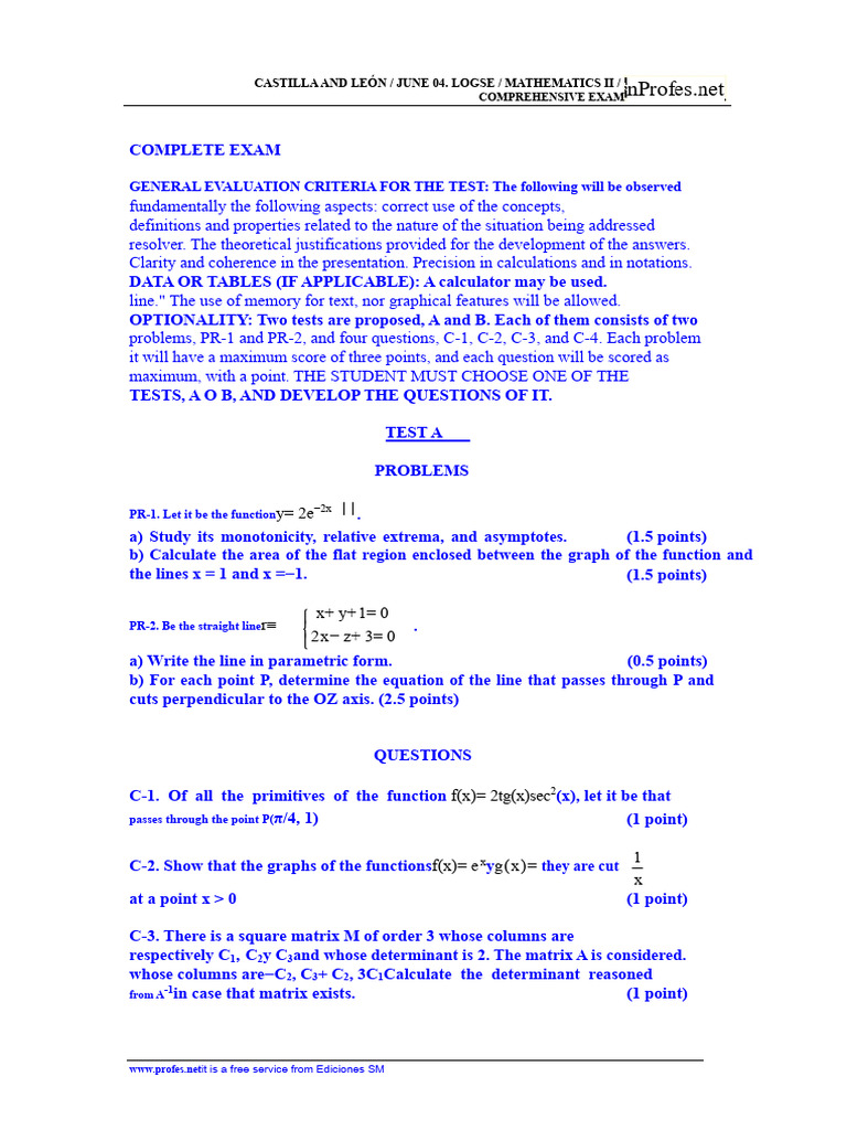 Selectivity June 2004 Castilla y Leon Mathematics Solved | PDF ...