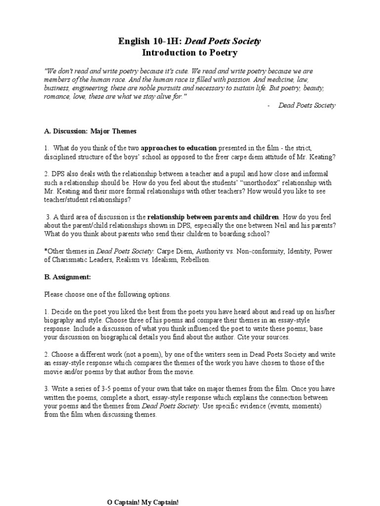 Dead Poets Society Assignment Poetry Fiction Literature