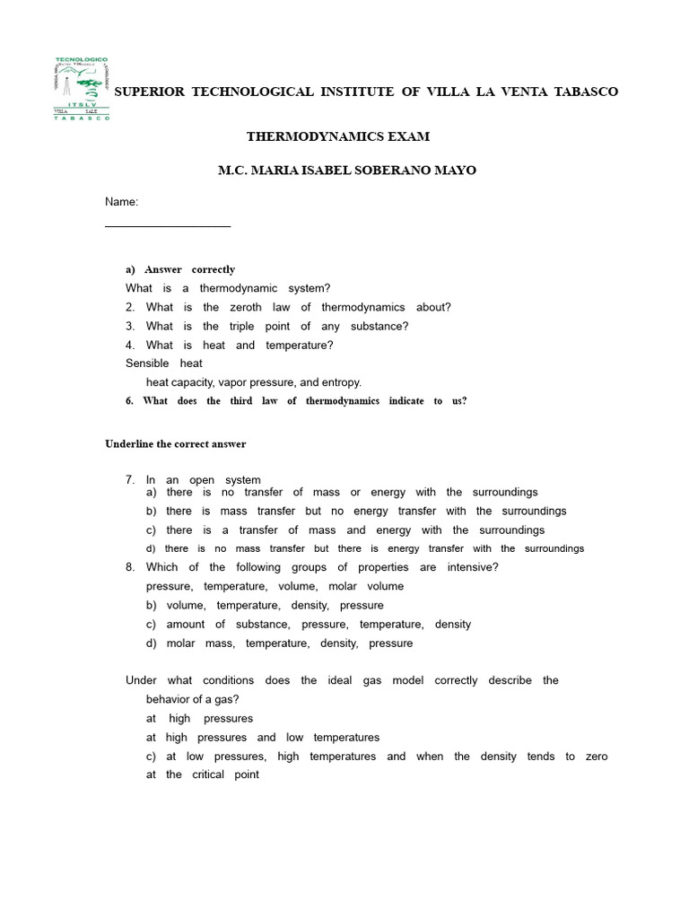 Thermodynamics Exam Questions and Answers | PDF | Temperature | Heat