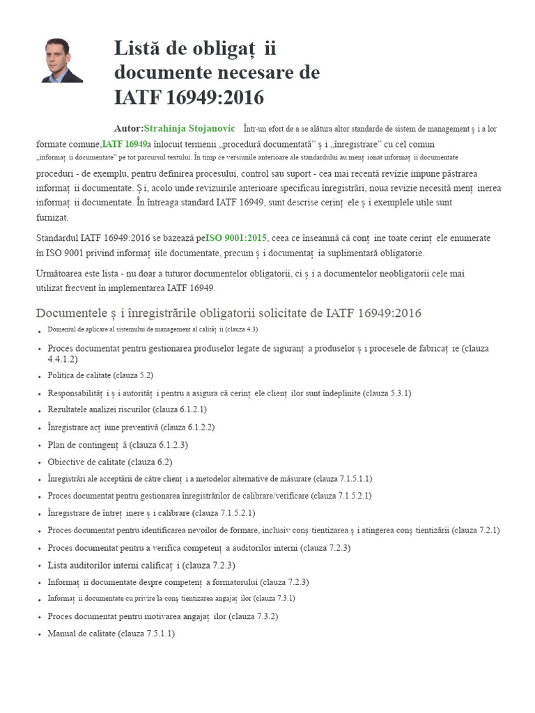 IATF 16949 - 2016 - Lista Documentelor Obligatorii | PDF