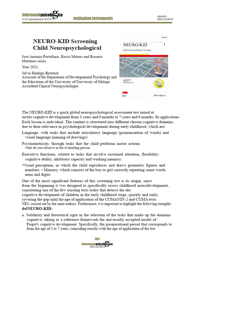 NEURO-KID: Early Neuropsychological Assessment | PDF | Executive ...