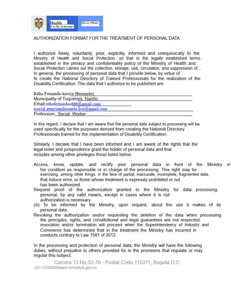 Personal Data Treatment Authorization Form | PDF | Government | Common Law