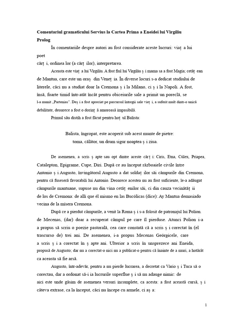 Comentariul Gramaticului Servius La Cartea Întâi A Enei de Virgiliu | PDF