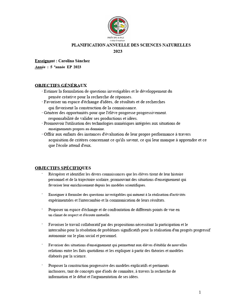 Planification annuelle en sciences 2023 | PDF | Science | Vie