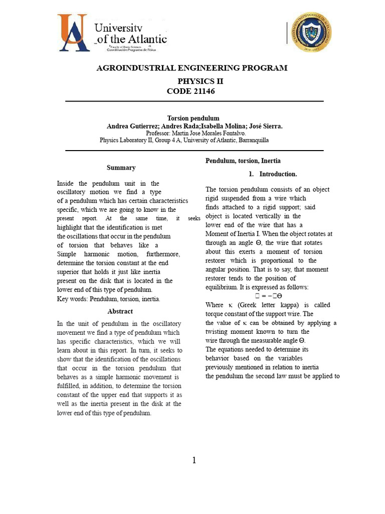 Torsion Pendulum Physics Ii Report Pdf Pendulum Oscillation