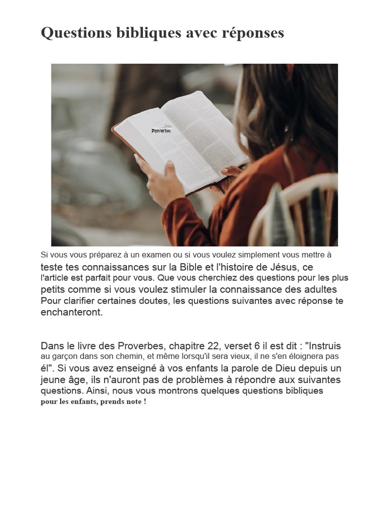 Questions Bibliques avec Réponses Concises | PDF | Bible | Livre de la ...