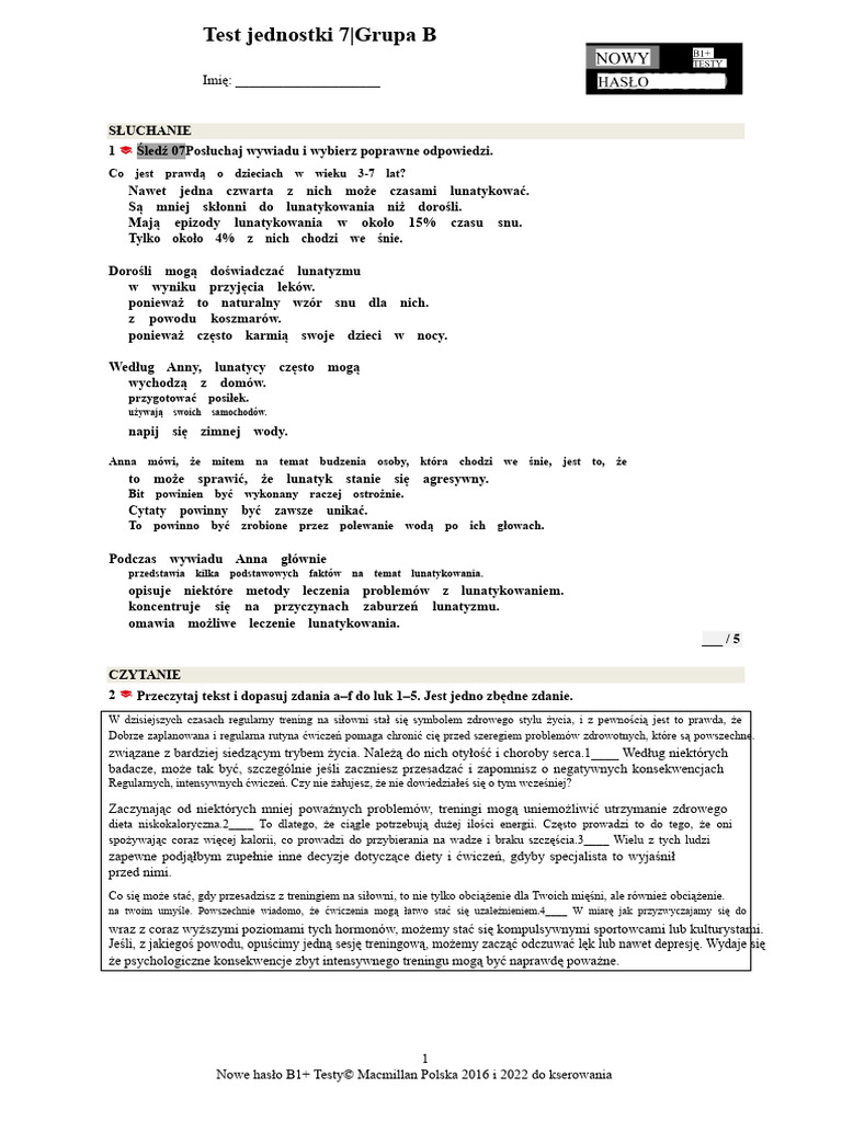 Nowe Hasło B1+ UT 7B | PDF