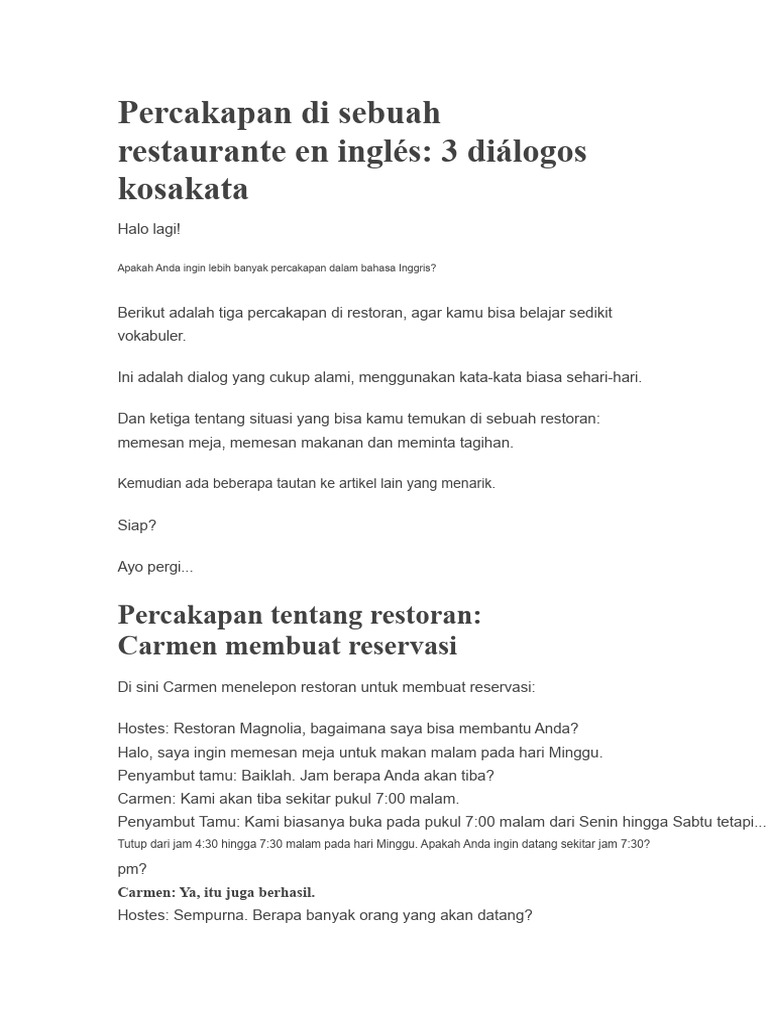 Dialog Restoran dalam Bahasa Inggris | PDF