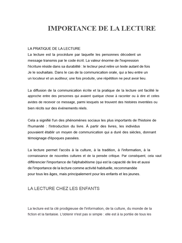 Importance de la lecture chez les enfants | PDF | Connaissances ...
