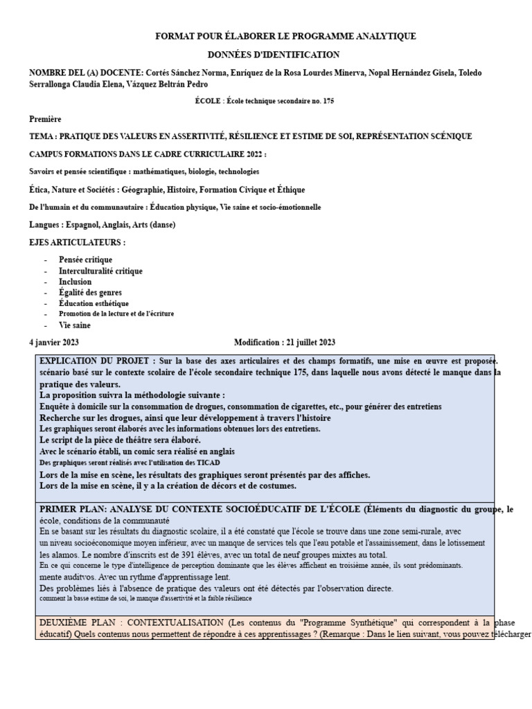 Programme d'Analyse des Valeurs en Éducation | PDF | Apprentissage ...