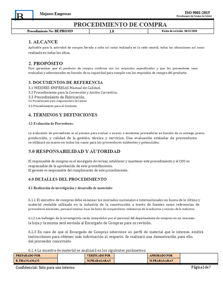 Procedimiento de Compra ISO 9001:2015 | PDF | Calidad (comercial ...