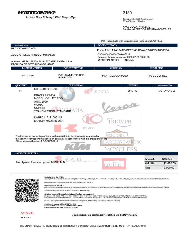 Motorcycle Sale Invoice CFDI 2022 | PDF | Invoice | Receipt