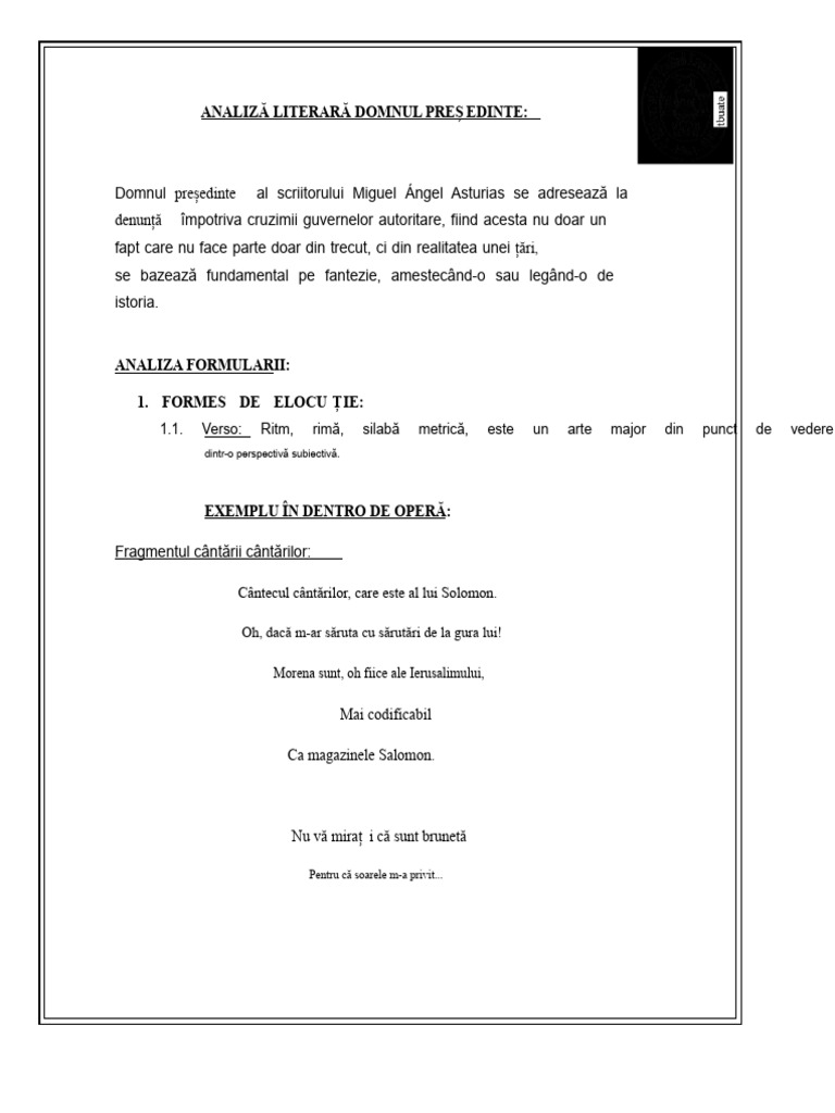 Analiză Literară Domnul Președinte | PDF