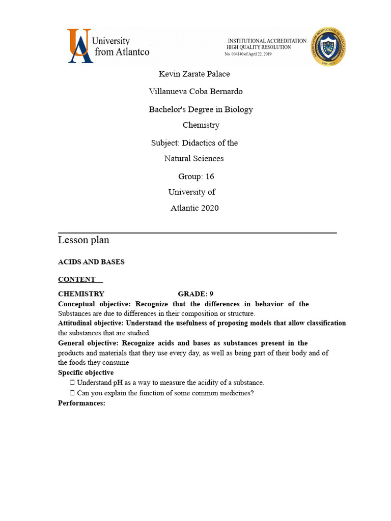 Lesson Plan Acids and Bases | PDF | Acid | Ph