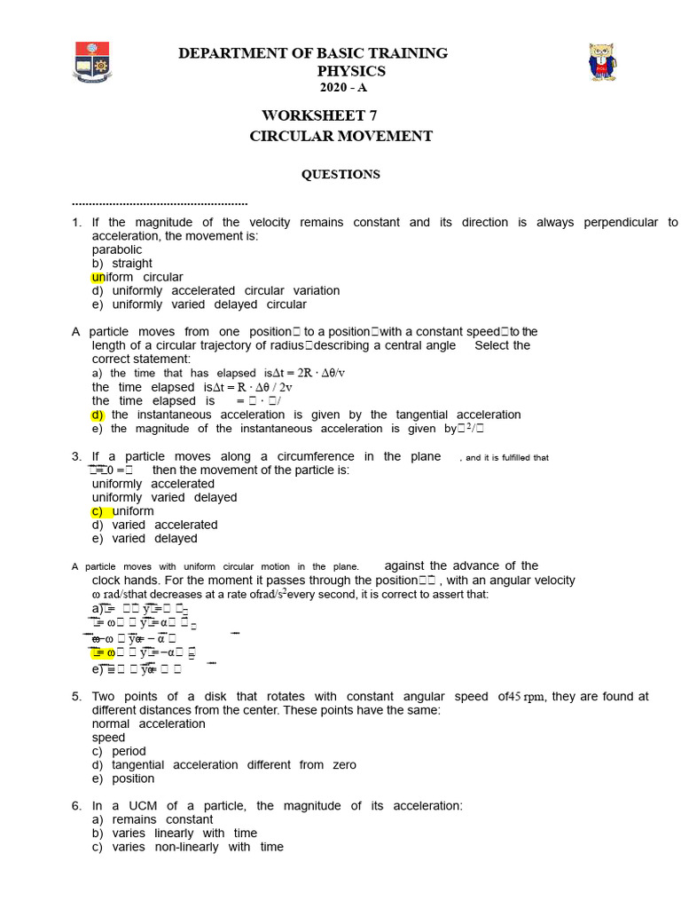 2020A - Worksheet 07 - Circular Motion | PDF | Acceleration | Velocity
