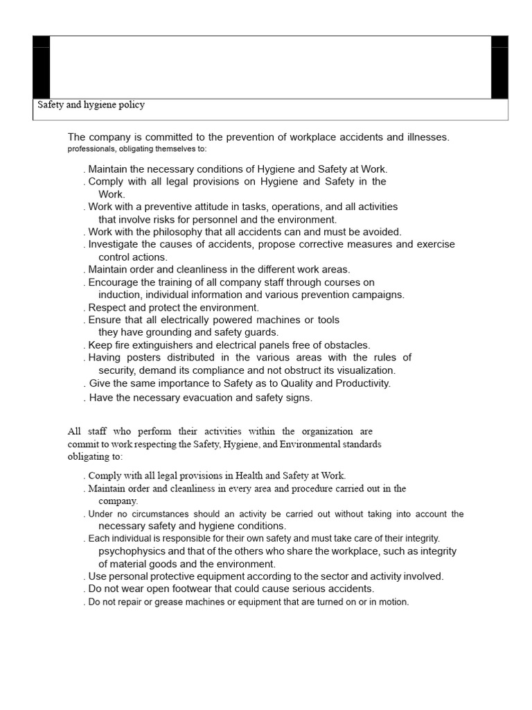 Workplace Safety and Hygiene Policy | PDF | Safety | Occupational ...