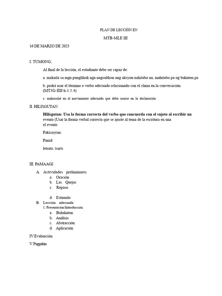 Plan de Lección en MTB 3 | PDF | Verbo | Asunto (gramática)