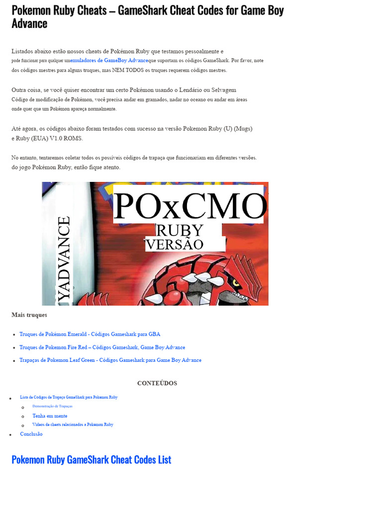 Cheats GameShark Pokémon Ruby GBA PDF Pokémon Trapacear em videogames
