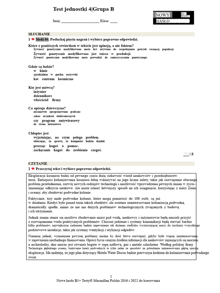 Nowe Hasło B1+ UT 4B | PDF